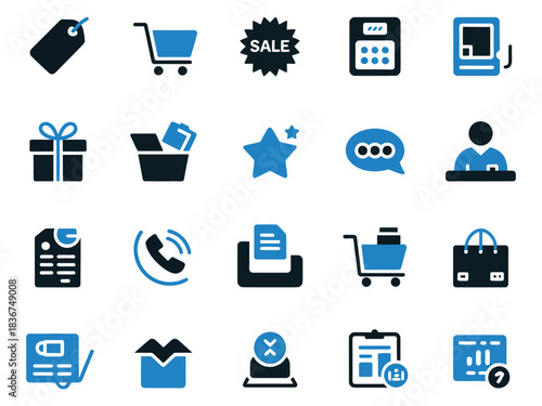 Collection of blue and black icons representing shopping, communication, and organization.