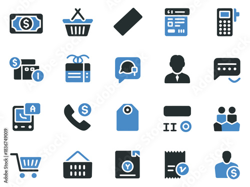 Diverse set of financial and shopping icons, symbolizing commerce and communication.