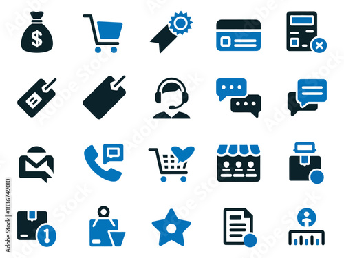 A collection of various blue business and e-commerce icons, conveying finance and customer service themes.