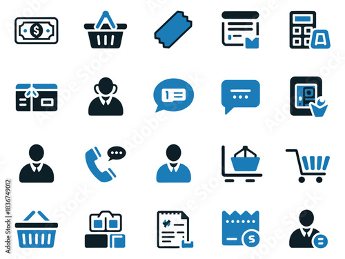 Variety of shopping and communication icons in blue and black colors, representing commerce activities.