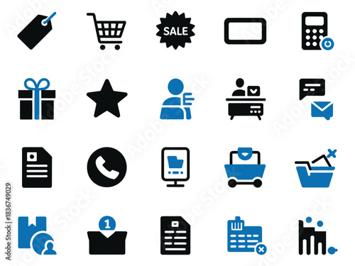 Collection of colorful shopping and communication icons suitable for various digital applications.