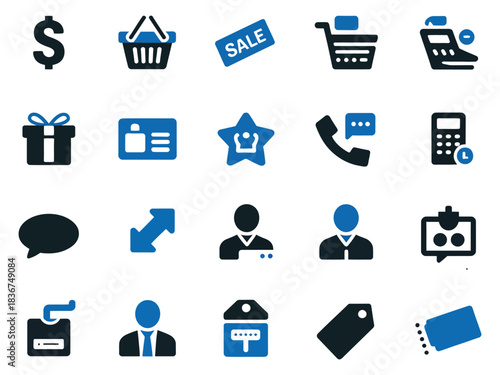 A collection of blue and black icons depicting shopping and communication themes.