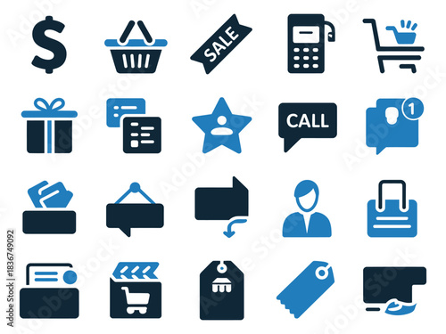 Variety of blue icons representing shopping concepts like sales, communication, and customer service.