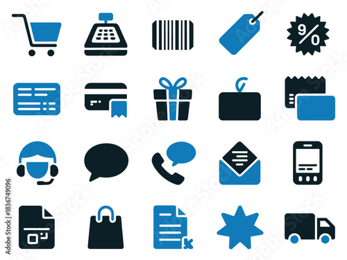 A collection of retail and shopping icons depicting various elements of commerce.