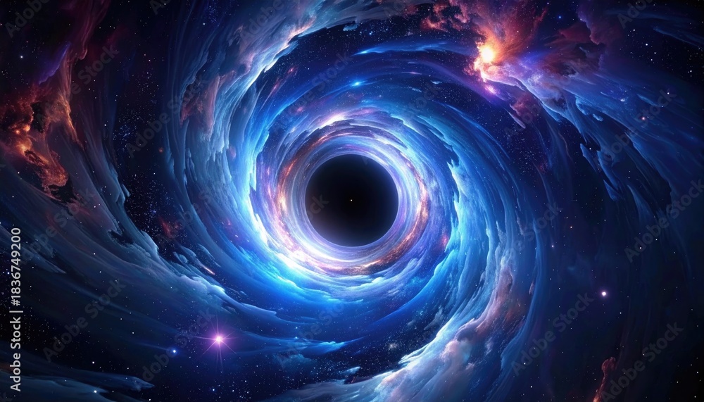 Obraz premium Digital painting of a black hole, swirling celestial clouds, and interstellar space