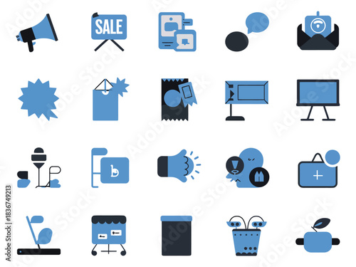 Collection of blue marketing and communication icons representing sales and promotions.