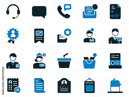A collection of flat-style icons representing customer service and communication tools in blue tones.