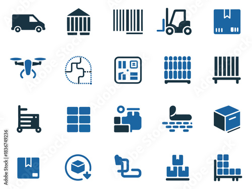 Collection of logistics and shipping icons including delivery van, drone, and packages.