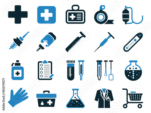 A diverse collection of medical icons representing healthcare tools and equipment.