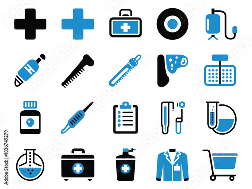 Medical icons in blue and black, showcasing essential health care elements.