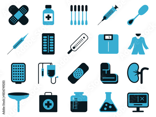 Medical icons representing healthcare tools and symbols in blue and black.