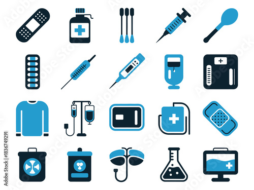 Collection of medical icons in blue tones showcasing healthcare and wellness tools.