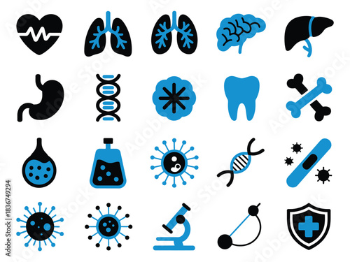 A diverse collection of health and medical icons in blue and black, showcasing various body systems.