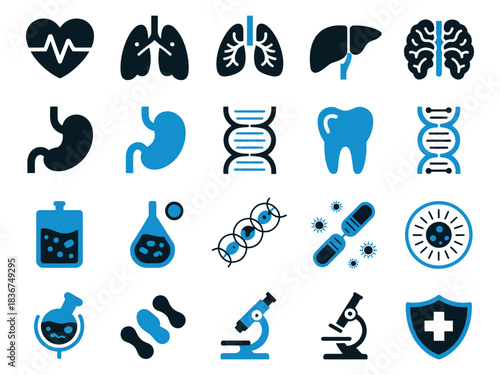 A collection of health and medical icons in various shades of blue on a light background.