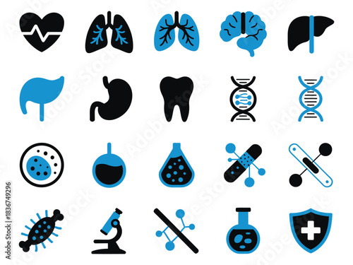 Health and medical icons showcasing various human organs and biological elements in blue and black.