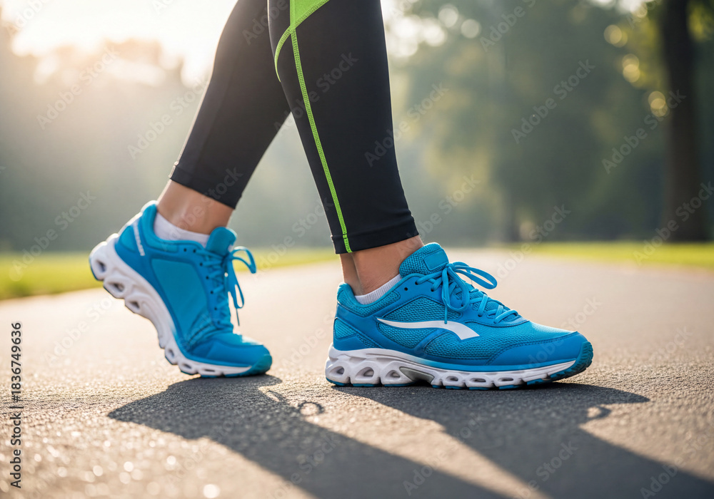Fototapeta premium Active feet in blue running shoes walking on an outdoor path during a sunny morning workout.
