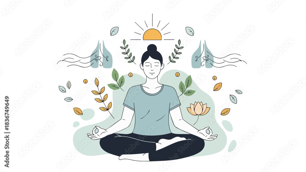 Obraz premium Woman Meditating in Lotus Pose with Stylized Lungs and Nature Elements for Mindfulness and Breathwork Concept