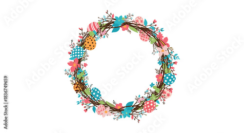 A beautiful Easter wreath made of woven branches, colorful decorated eggs, and spring flowers, isolated on a clean white background.
