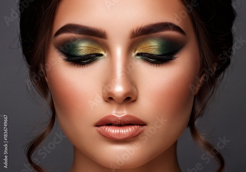 Wallpaper Mural Close Up of Beautiful Woman with Elegant Golden Green Eyeshadow Makeup Torontodigital.ca