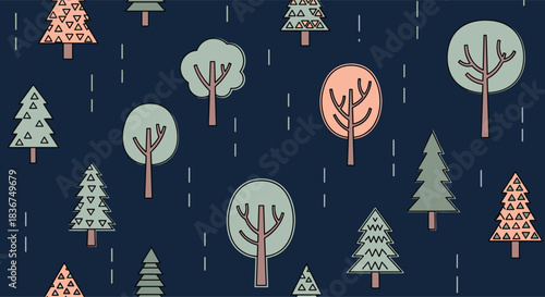 A repeating pattern of stylized trees in pastel colors on a dark blue background with rain, creating a whimsical forest landscape.