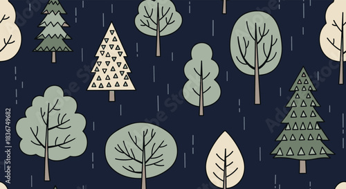 Seamless pattern of stylized green and beige trees against a dark blue background with rain, creating a calm, natural woodland scene.
