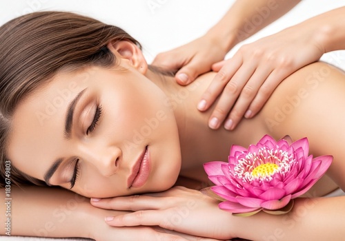 Relaxed Woman Enjoying Professional Back Massage at Wellness Spa with Lotus Flower