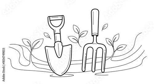 A hand-drawn coloring page featuring gardening tools, a shovel and a pitchfork, resting in the soil with young plants starting to grow.