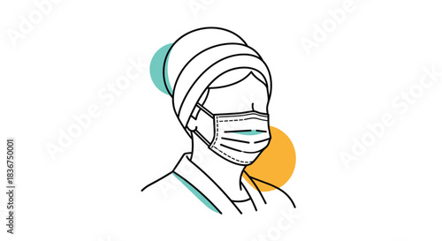 Minimalist line art illustration of a person wearing a face mask and a head towel, with abstract color spots in the background.