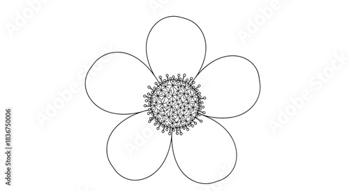 A simple and symmetrical five-petal flower with a detailed, geometric center, drawn in a clean black and white outline style.