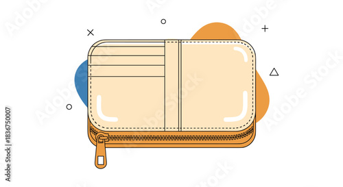 Minimalist flat design illustration of a beige zippered wallet with card slots, set against a white background with abstract shapes.