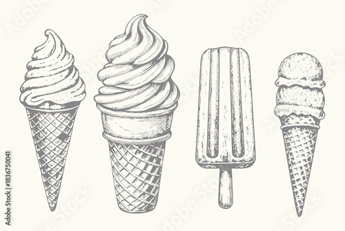 engraving style ice cream set illustrations with candies, scoop for it and berries for stuffing. Sketches for menu design. Eps 10