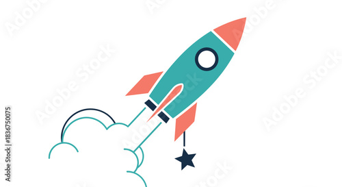 Stylized flat design cartoon rocket launching into space with a trail of smoke, symbolizing startup businesses, innovation, and progress.