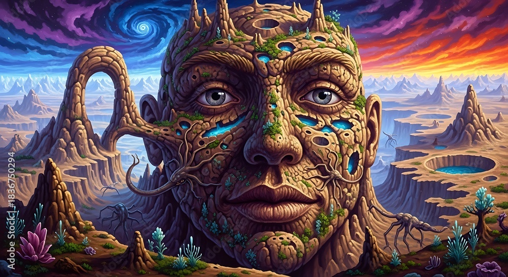 Obraz premium Surreal Cosmic Landscape with Ancient Stone Face and Vibrant Sky.