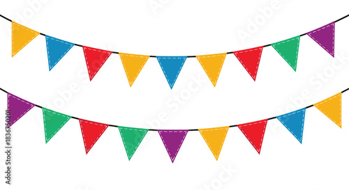 Colorful party bunting with two strings of stitched triangular pennant flags in various festive colors for celebrations and events.