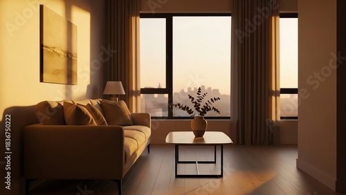 Modern Living Room Interior with Sunset View and Decor