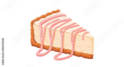 Delicious-looking slice of creamy cheesecake on a graham cracker crust, generously drizzled with a sweet pink strawberry or raspberry sauce.