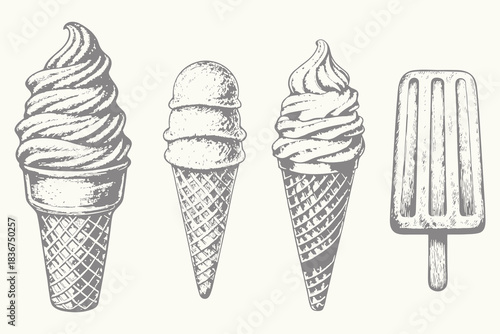 Retro vintage style doodle Ice cream set collection illustrations. Hand drawn wafer cone, gelato, chocolate glazed, sundae, and ice cream served in a glass bowl vector. Eps 10
