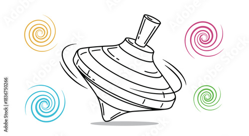 Dynamic hand-drawn illustration of a classic spinning top toy in motion, surrounded by four colorful doodle-style motion swirls.