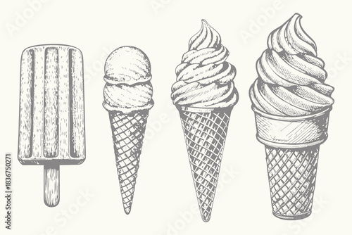 Retro vintage style doodle Ice cream set collection illustrations. Hand drawn wafer cone, gelato, chocolate glazed, sundae, and ice cream served in a glass bowl vector. Eps 10
