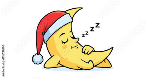 Cute cartoon crescent moon character sleeping peacefully while wearing a red Santa hat, perfect for Christmas or holiday bedtime themes.