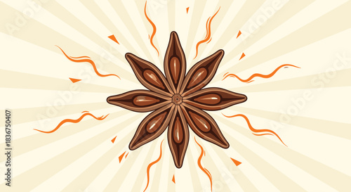 Vibrant illustration of a star anise spice pod on a radiating sunburst background, symbolizing flavor, aroma, and warmth in cooking.