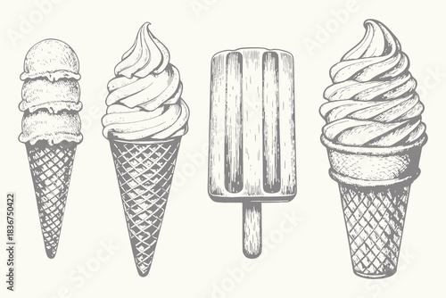 Vector Ice cream sketch desserts illustration. Sweet treats, bakery, cafe menu, summer dessert concept Retro vintage style doodle line art sketch. Eps 10