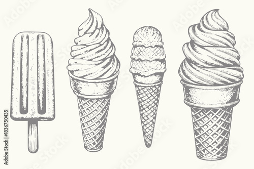 ice cream set vector illustration for creative design. Hand drawn collection illustrations with candies, scoop for it and berries for stuffing. Sketches for menu design.