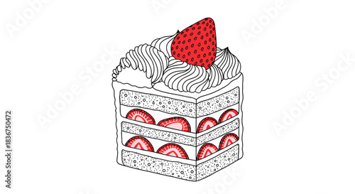 Delicious hand-drawn strawberry shortcake slice with layers of sponge, cream, and fresh strawberries, in a black, white, and red style.