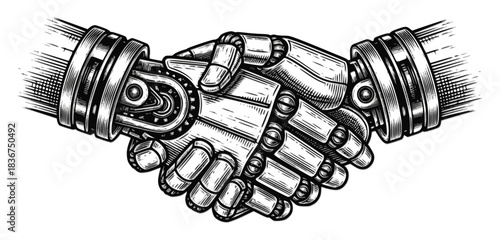 Monochrome engraving of a robotic and cyborg hand doing a handshake. Represents technology, partnership, agreement, AI, machine learning, and future business.