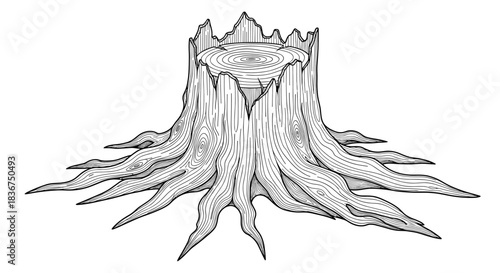 Detailed black and white illustration of an old tree stump with large roots, drawn in a vintage woodcut or engraving art style.