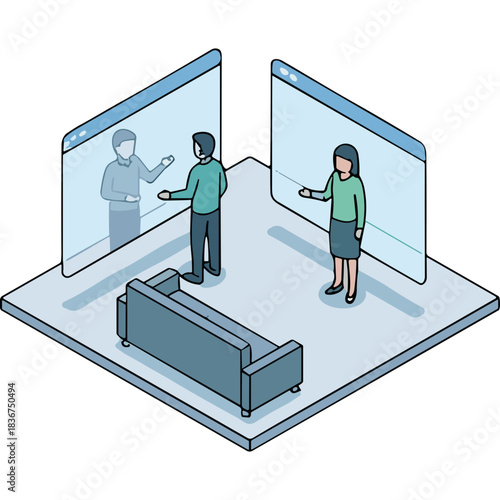 Two People Having a Virtual Meeting Through Screens in a Room with a Sofa Clean Blue and Teal Tones Isometric Illustration