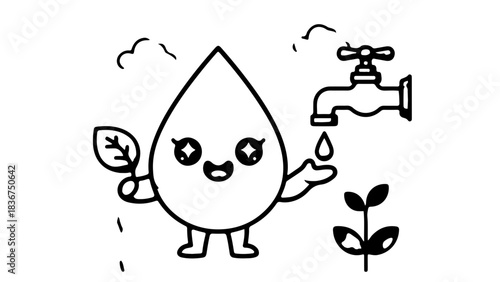 Title Cute Cartoon Water Drop Character Holding Leaf Near Faucet Eco Friendly Conservation Concept