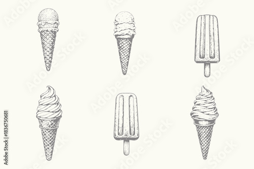 Vector vintage ice cream set for creative design. Different types of ice cream. Dessert, sweets, menu design, restaurant, shop. Isolated on white background. Vector illustration. Eps 10