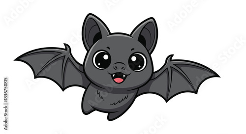 Super cute cartoon baby bat character flying with its wings spread, featuring large adorable eyes and a happy, open-mouthed expression.